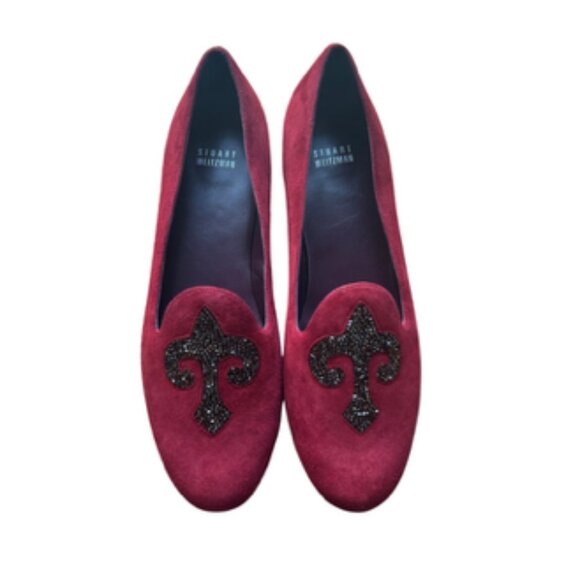Stuart Weitzman Womens Loafers Lys Scarlet Red Flats Fleur De Lis Suede - Picture 3 of 9